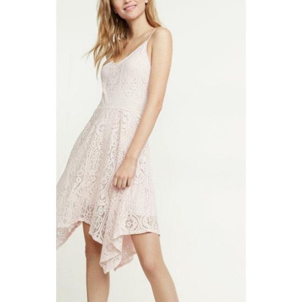 Express Pink Lace Hi-lo Fit And Flare Dress